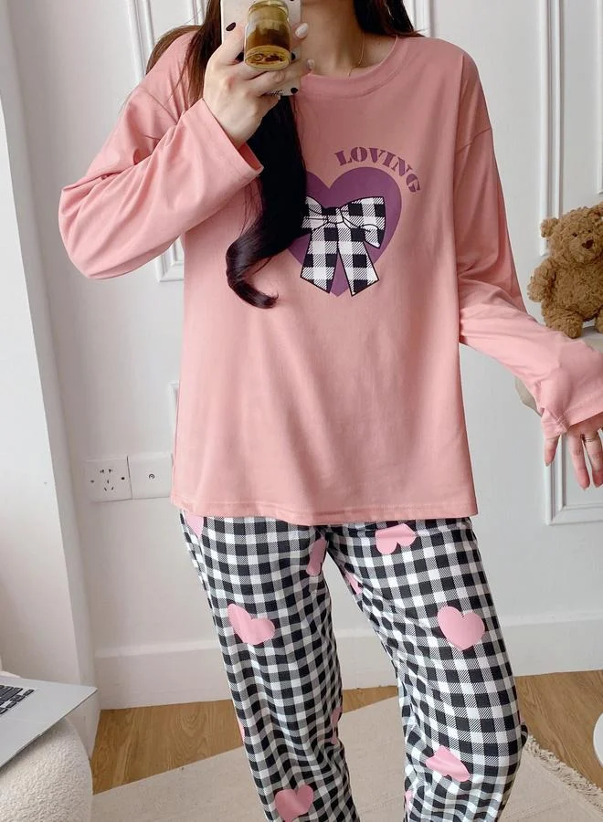 Take Two pink Pink Heart Long Sleeve T-Shirt and Checked Pyjama Set for Women | Best Price UAE